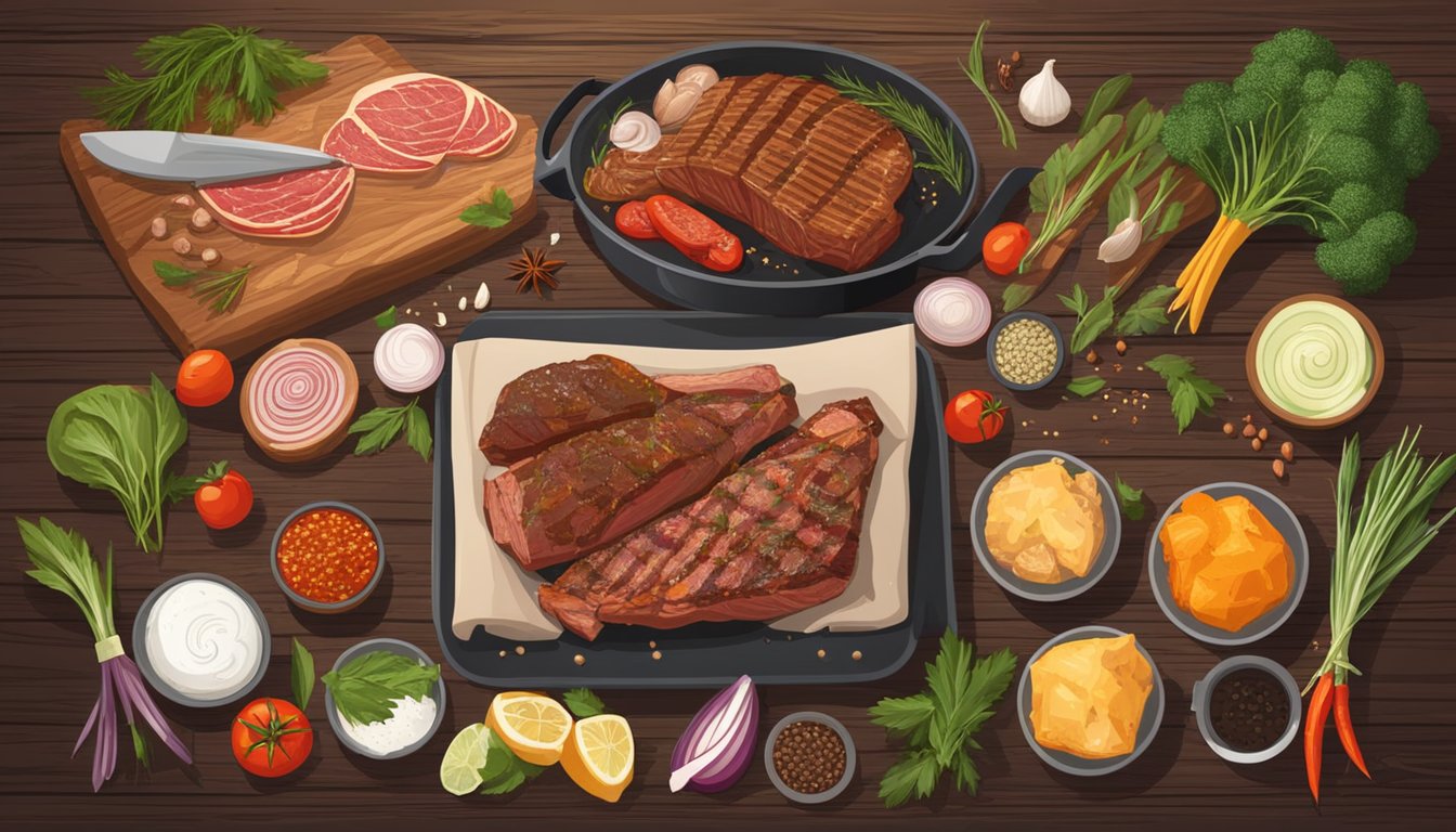 A Texan chef expertly grills marinated meat, while a variety of fresh ingredients and spices are laid out on a rustic wooden table