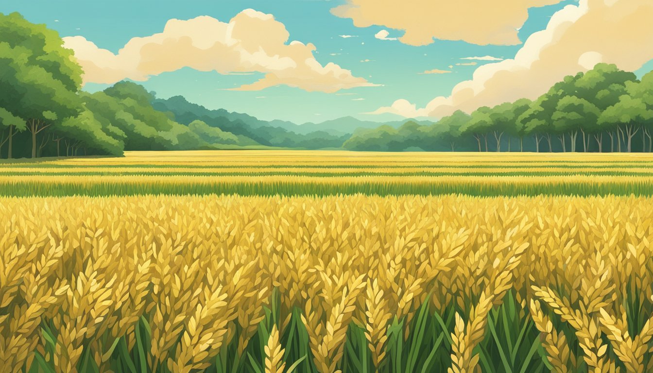 A lush field of golden brown rice reaching toward the sky, surrounded by other tall, leafy green plants