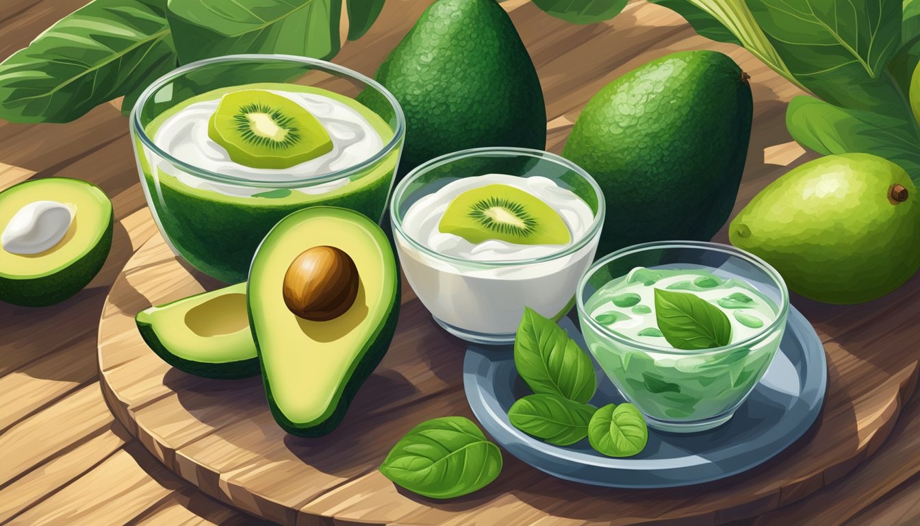 A colorful assortment of avocados, kiwi, spinach, and yogurt arranged on a wooden table, surrounded by vibrant green leaves and a glass of water