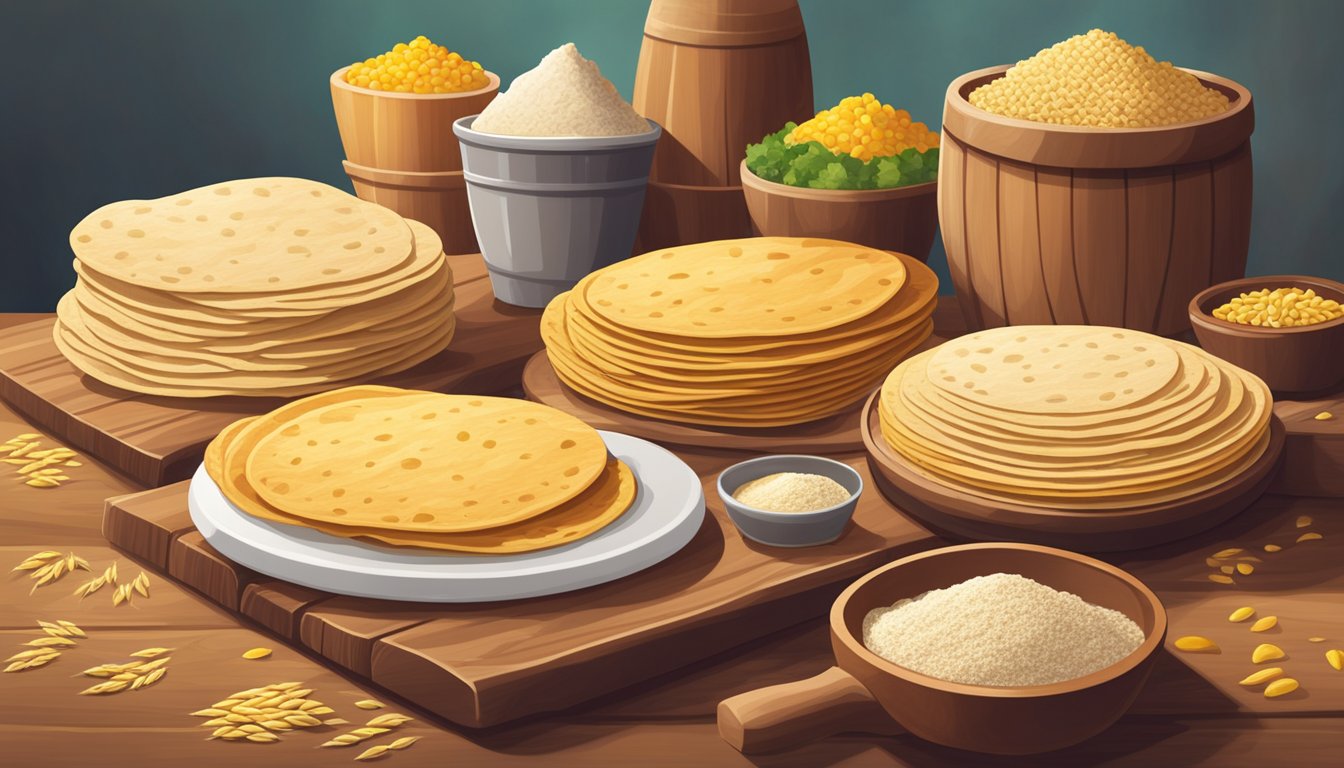 A variety of tortillas displayed on a wooden board, including flour, corn, and whole wheat options. Bright natural light illuminates the scene