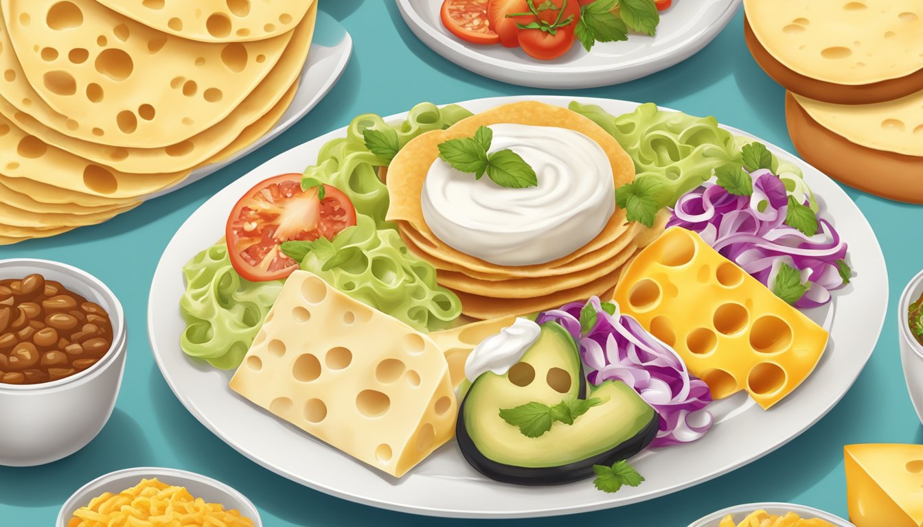 A colorful array of cheeses and creams arranged around a freshly made breakfast taco, adding richness and flavor to the dish