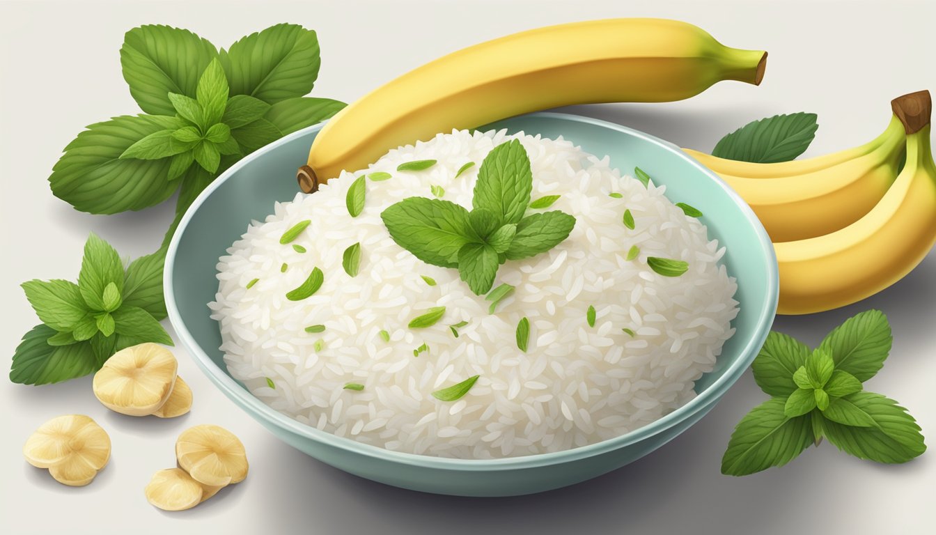 A bowl of steaming white rice surrounded by ginger, bananas, and mint leaves