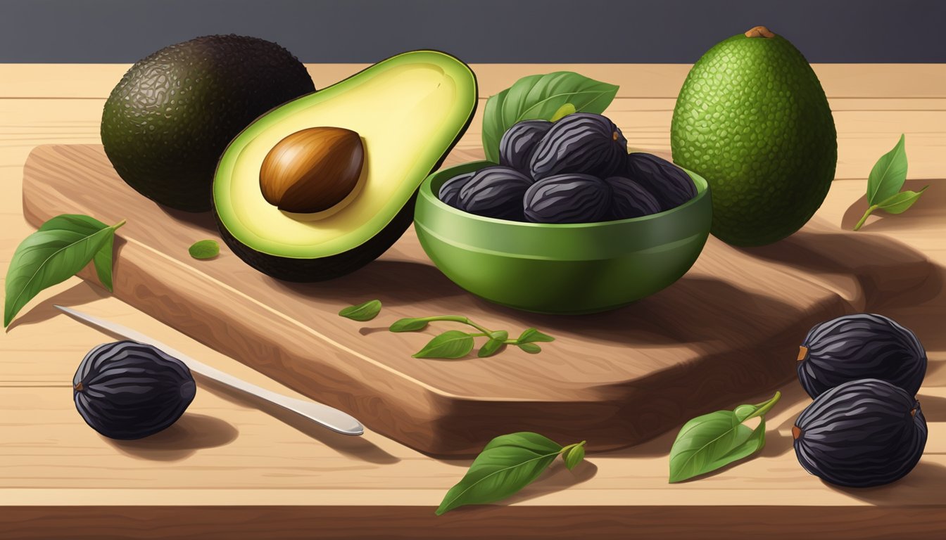 A ripe avocado being gently mashed with a fork on a wooden cutting board, surrounded by other natural foods like prunes and bananas