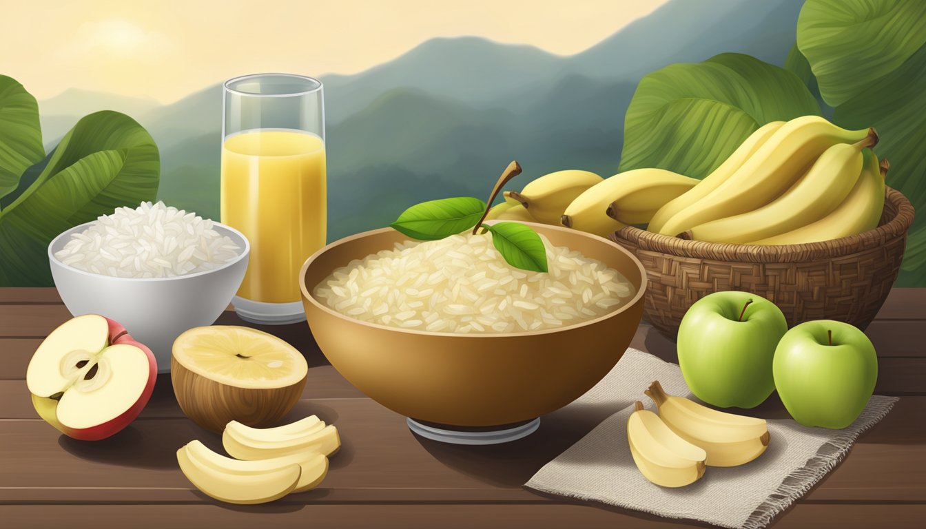 A bowl of applesauce surrounded by ginger, bananas, and rice