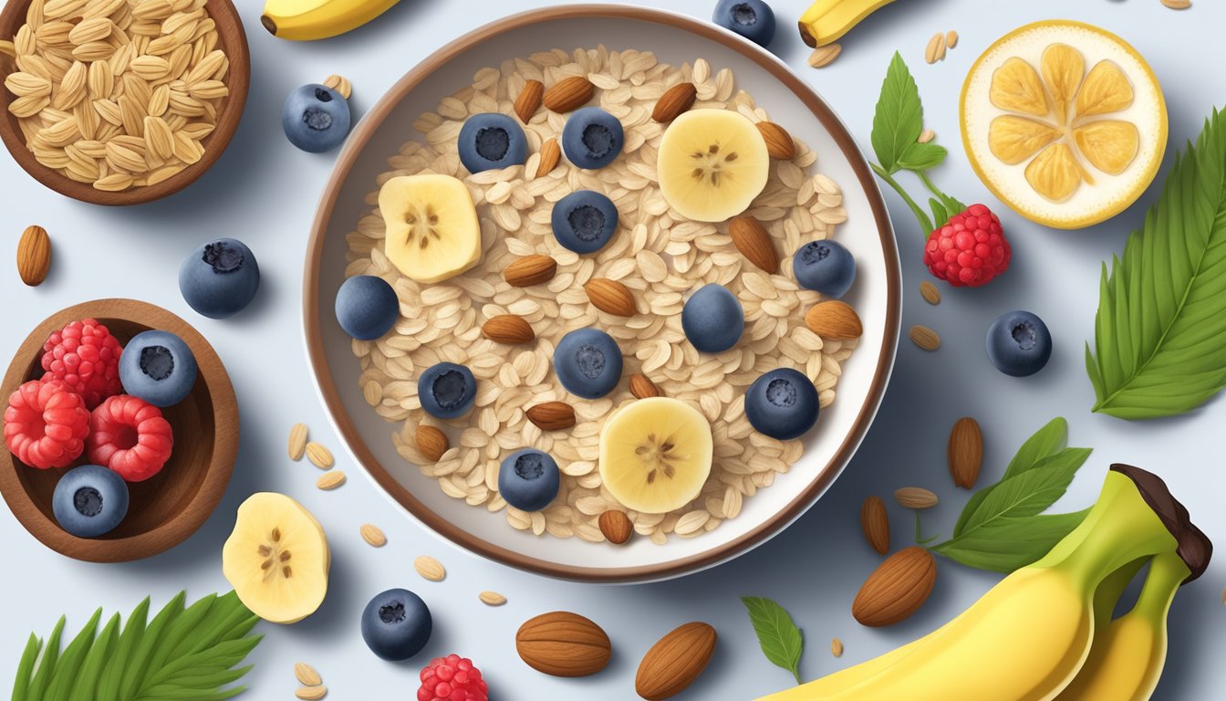 A bowl of oat bran with a variety of gut-friendly foods, such as bananas, berries, and nuts, surrounded by natural remedies for constipation