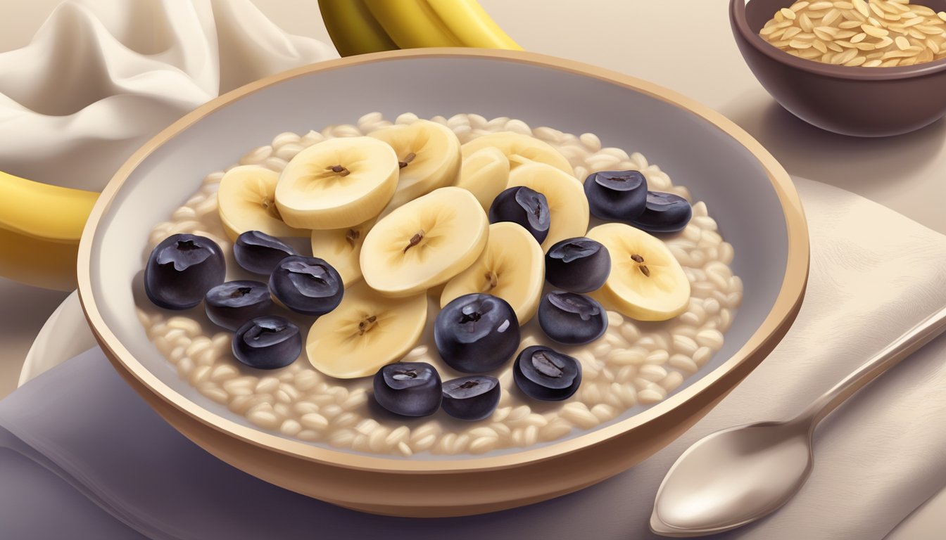 A small bowl of oatmeal porridge surrounded by soothing ingredients like bananas and prunes, with a gentle, calming atmosphere