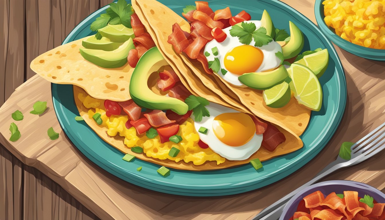 A colorful plate holds a variety of fresh ingredients: crispy bacon, fluffy scrambled eggs, ripe avocado, and vibrant salsa, all nestled in a warm tortilla