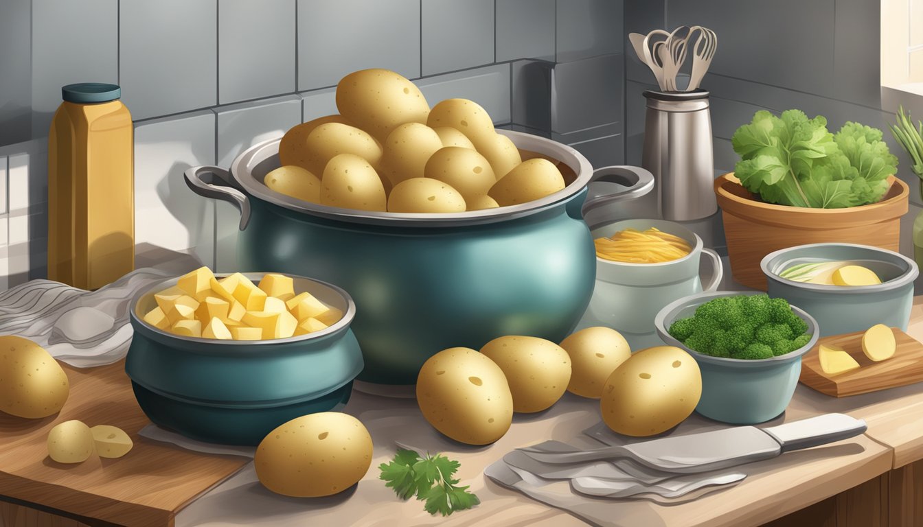 A pot of boiled potatoes surrounded by soothing foods on a kitchen counter