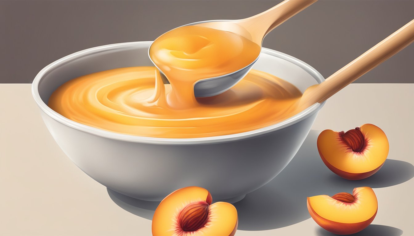 A bowl of ripe peaches being blended into a smooth puree