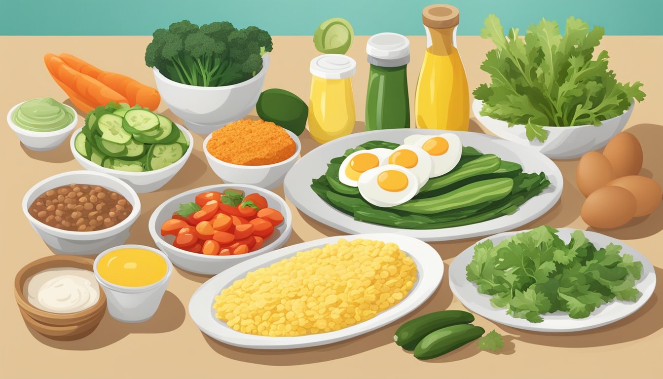 A colorful array of fresh vegetables, eggs, and various protein options displayed on a table, alongside a variety of tortillas and condiments