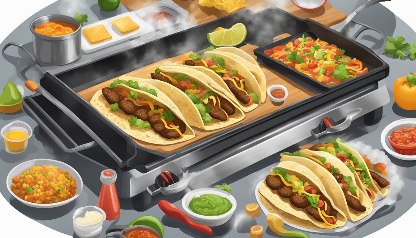 A sizzling griddle with various taco ingredients and cooking utensils. A cloud of steam rises as a chef expertly prepares the ultimate Texas taco