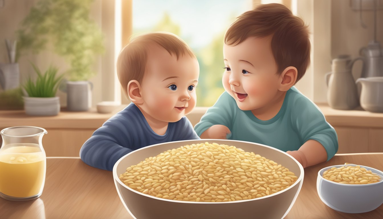 A bowl of barley cereal surrounded by soothing natural ingredients, with a baby in the background looking content and relieved