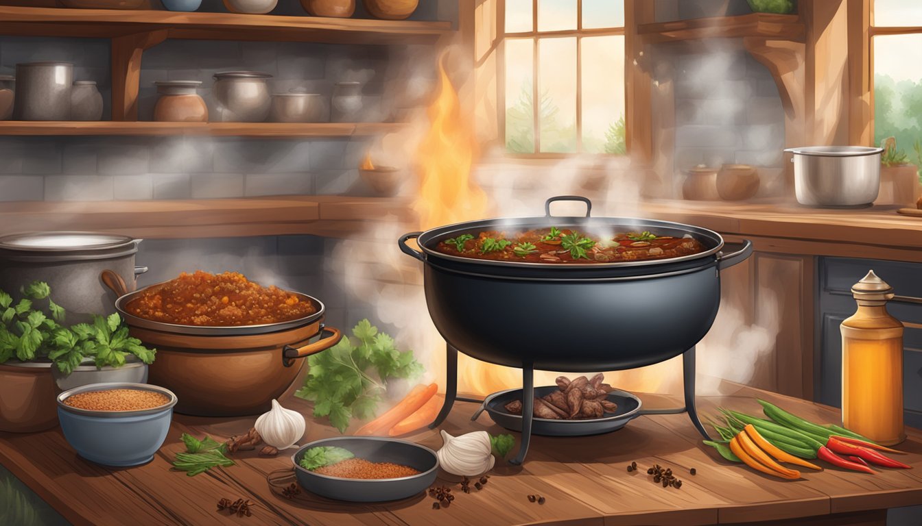 A rustic Texan kitchen with a steaming pot of barbacoa simmering over a low flame, surrounded by traditional spices and herbs