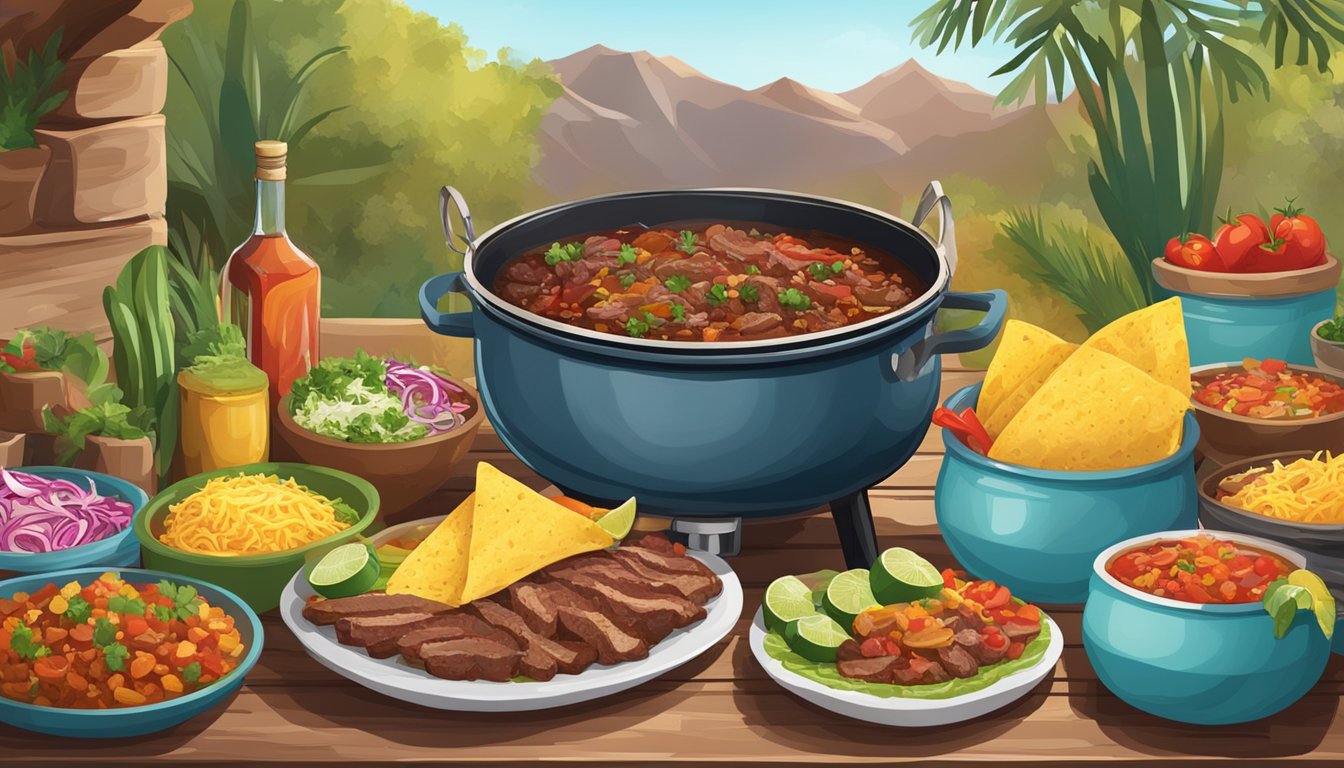 A rustic outdoor setting with a large pot of simmering barbacoa meat, surrounded by colorful ingredients and traditional taco toppings