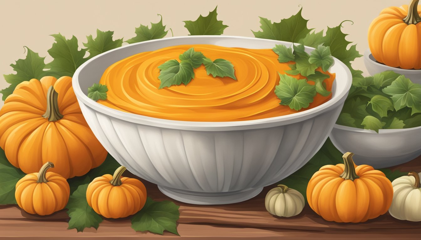 A bowl of pumpkin puree surrounded by soft, ripe pumpkins and soothing greenery