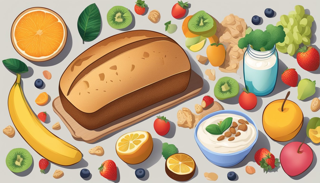 A loaf of whole grain bread surrounded by colorful, gut-friendly foods like fruits, vegetables, and probiotic-rich yogurt