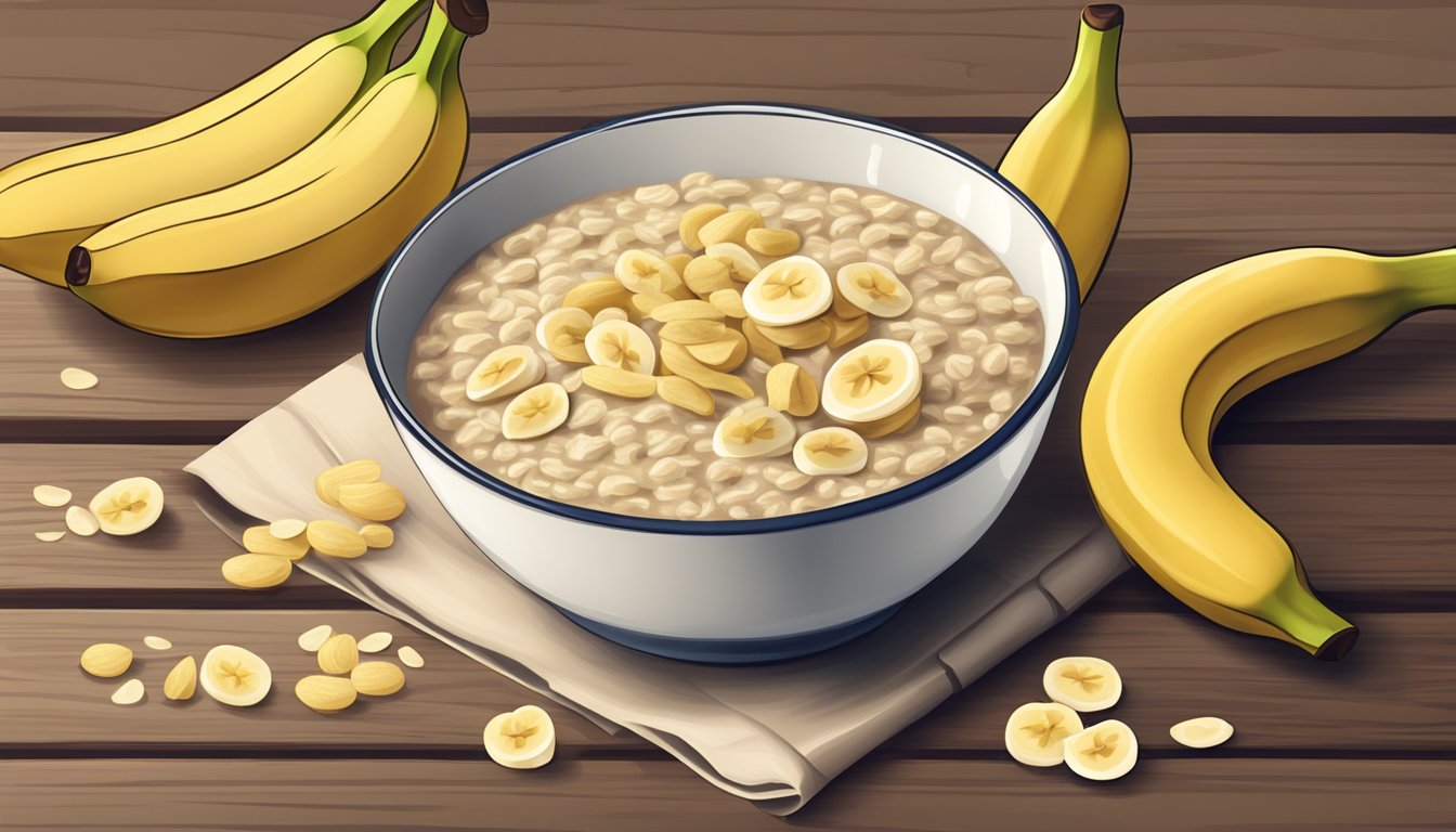 A bowl of oatmeal with bananas and ginger on a wooden table