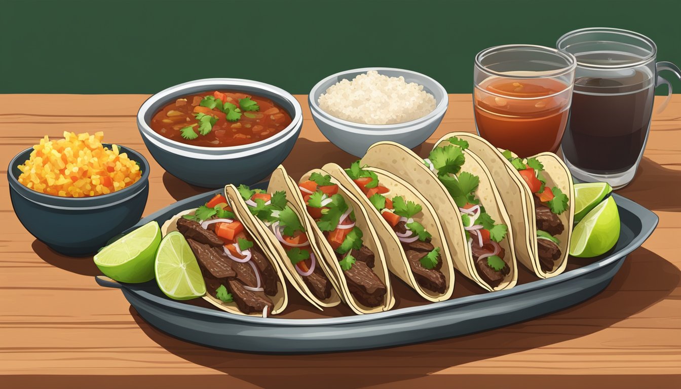 A table set with steaming barbacoa tacos, accompanied by bowls of fresh salsa, cilantro, and lime wedges. A pot of simmering consomé sits nearby