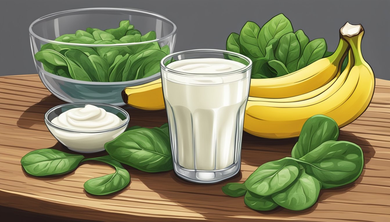 A colorful array of spinach, bananas, and yogurt arranged on a wooden table, with a glass of water nearby