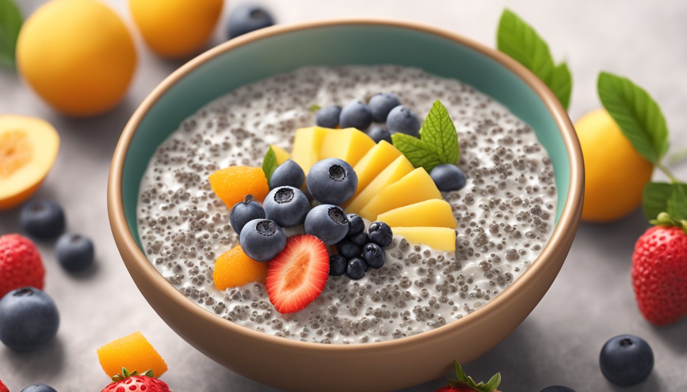 A bowl of chia pudding surrounded by colorful fruits and a gentle, calming background to evoke natural relief for constipation