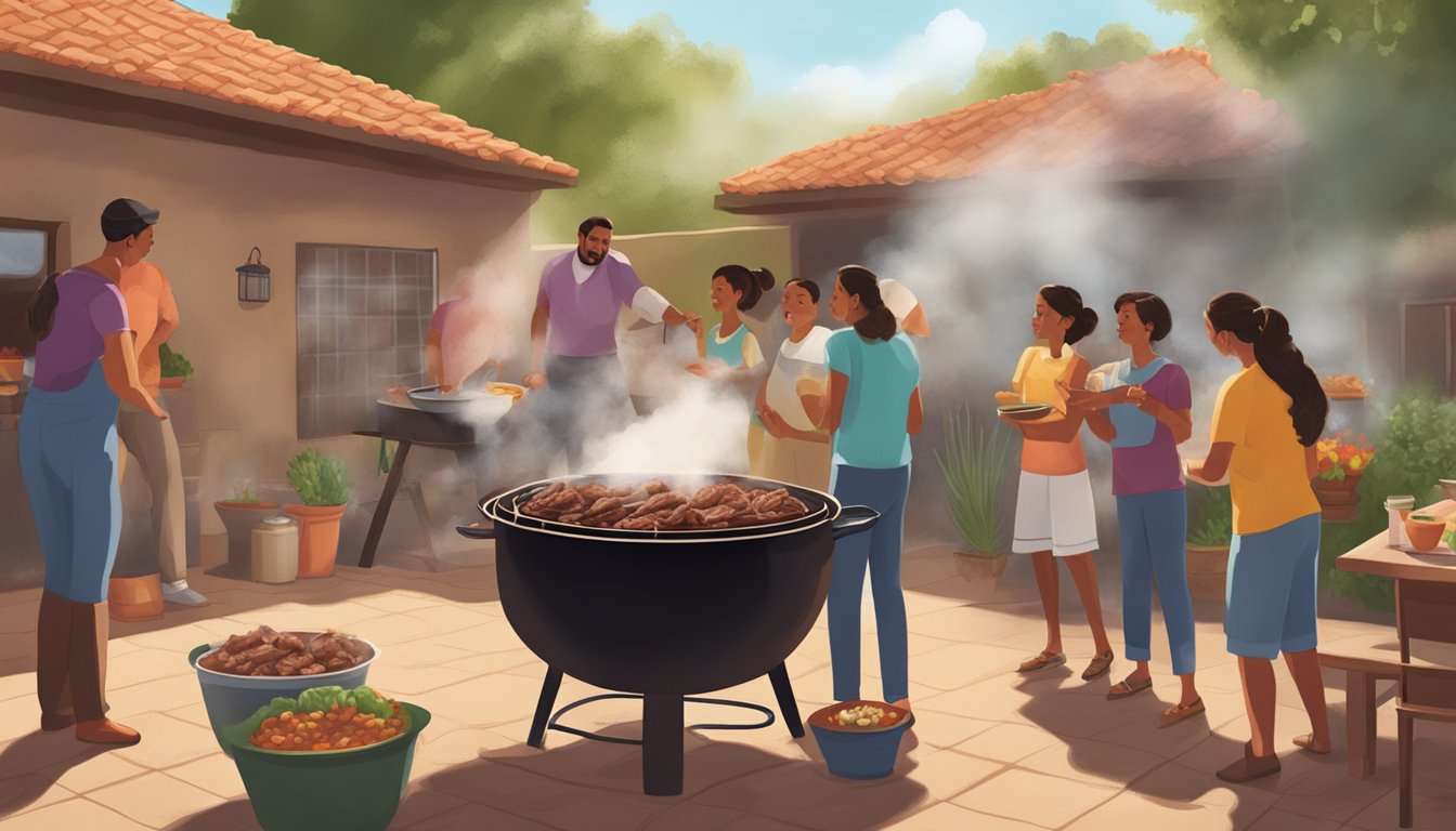 A family gathering around a steaming pot of barbacoa, with the aroma of slow-cooked meat filling the air as they prepare to make Sunday morning tacos in a Texan backyard