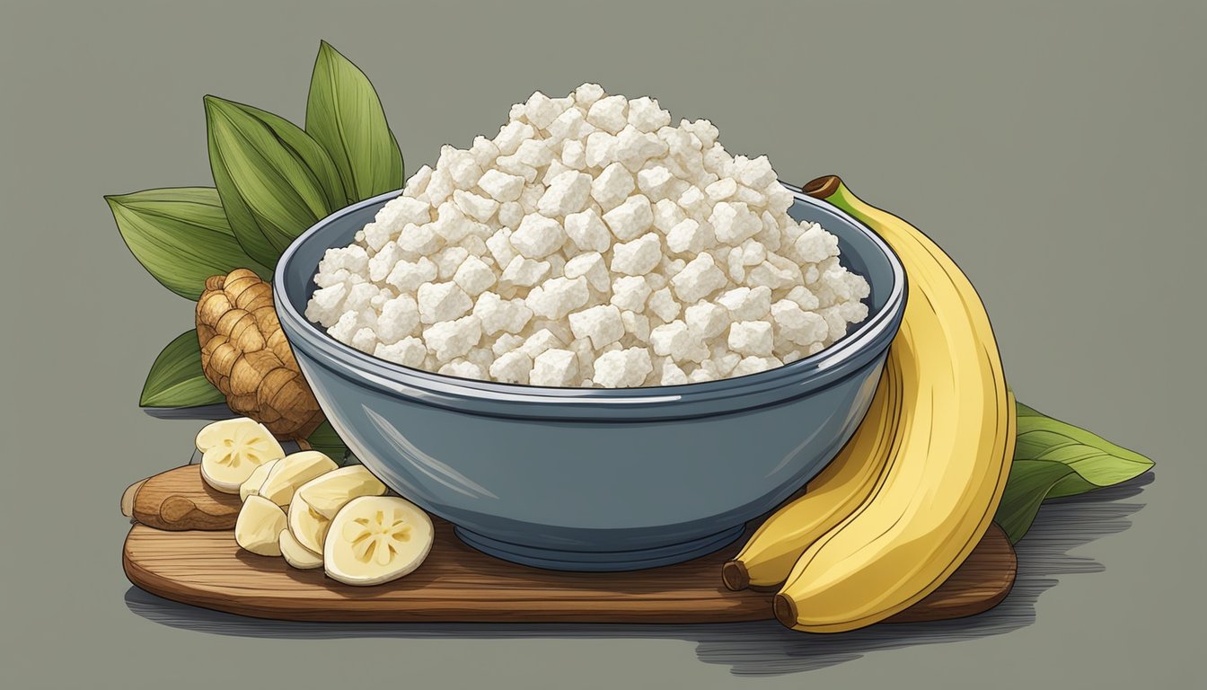 A bowl of cottage cheese surrounded by ginger, bananas, and rice on a wooden table