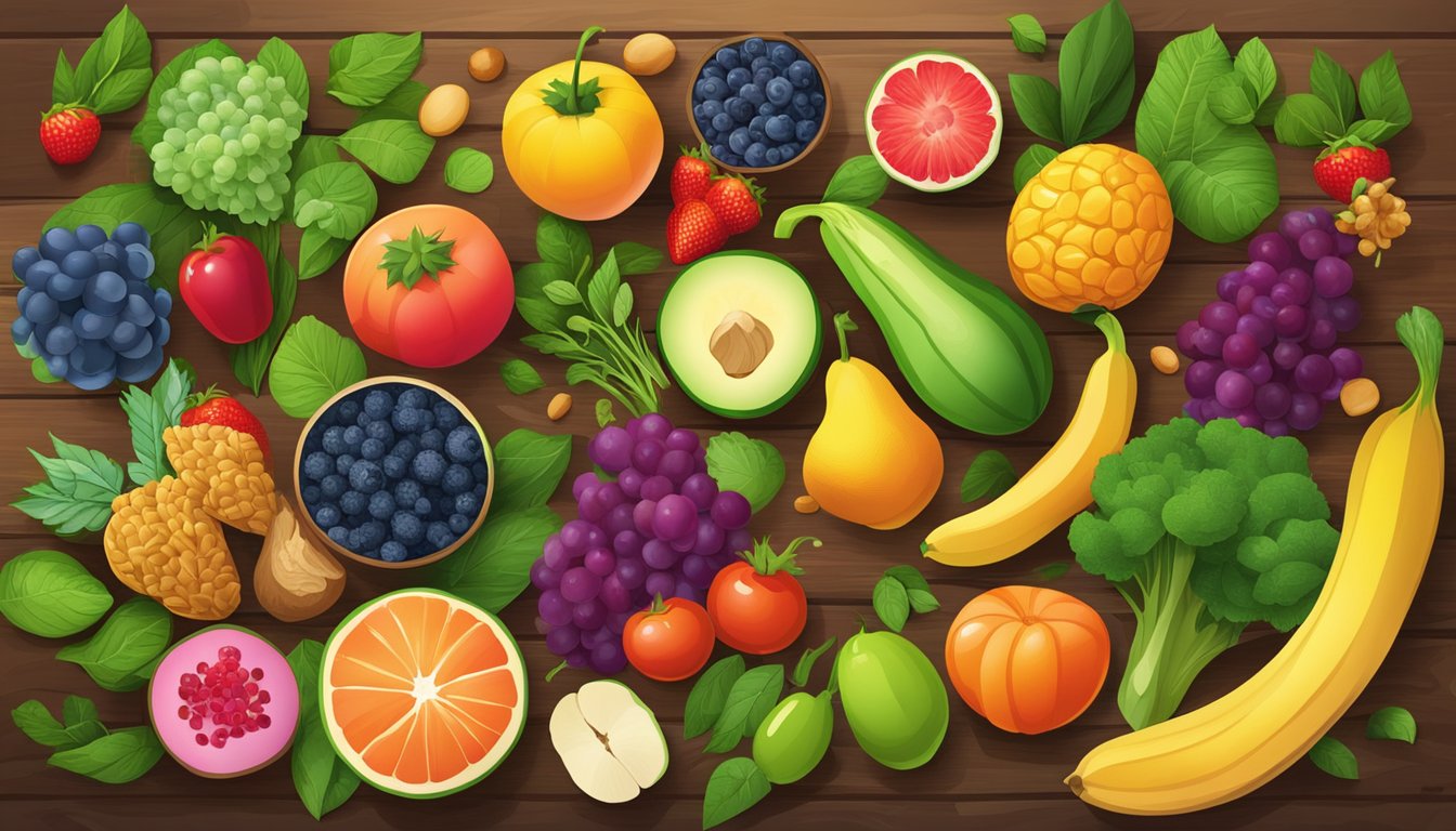 A colorful array of fruits, vegetables, and whole grains arranged on a wooden table, surrounded by vibrant green leaves and blooming flowers