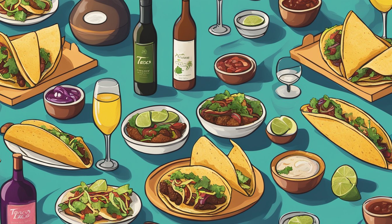 A table set with an array of tacos and various wine bottles, showcasing the ultimate guide to pairing wine with tacos