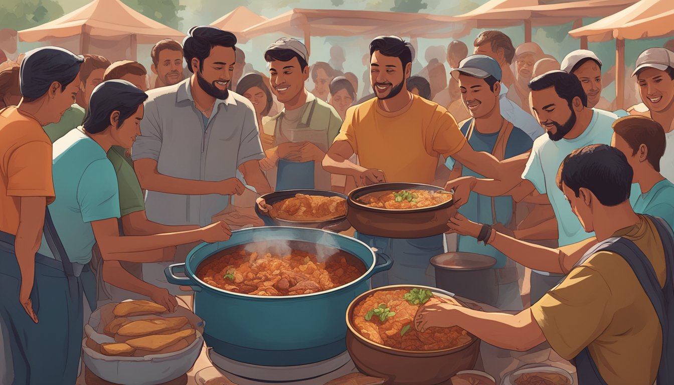 A group of people gather around a large pot of simmering meat and spices, with the aroma of birria tacos filling the air