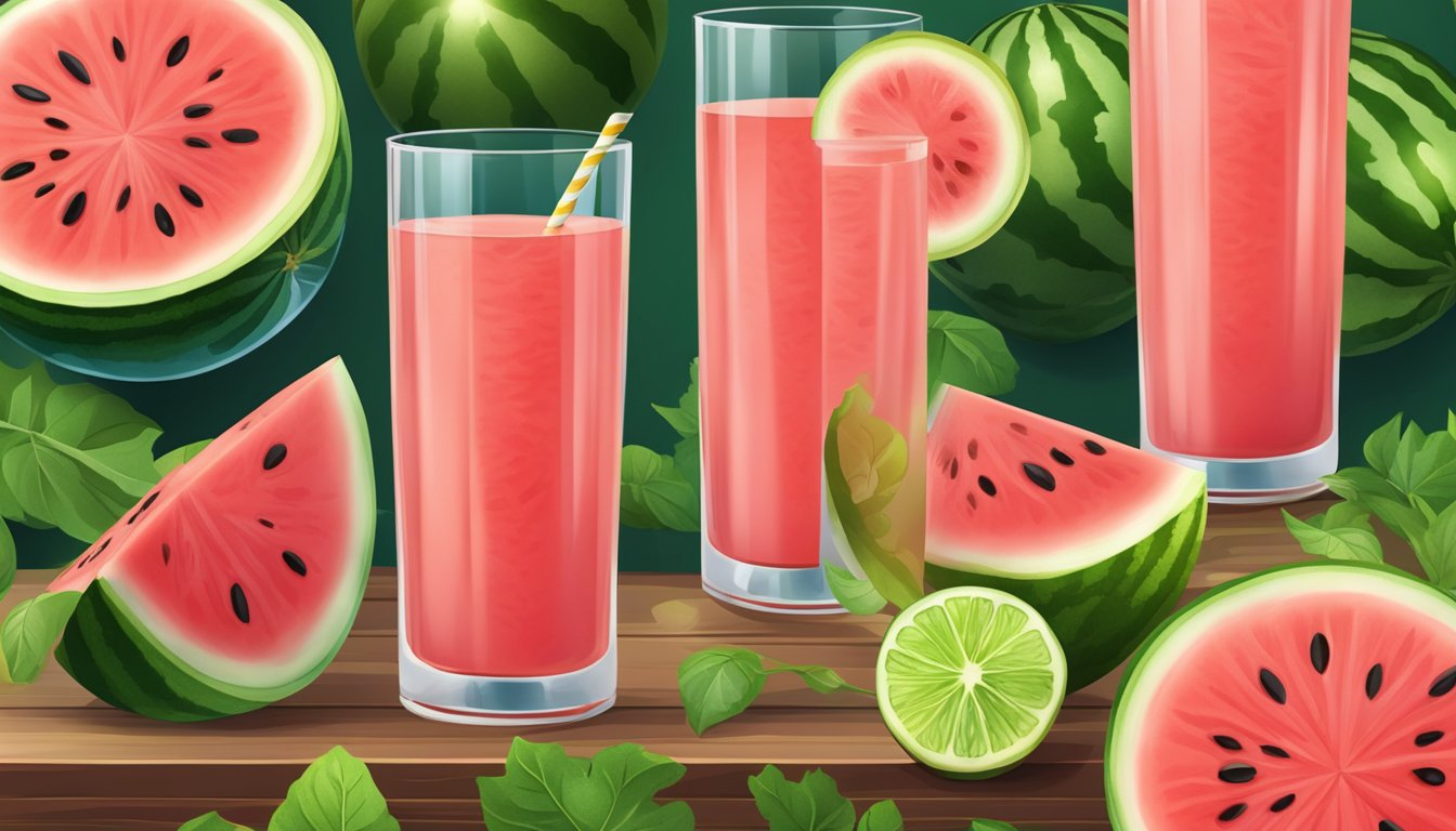 A tall glass of watermelon juice surrounded by slices of fresh watermelon and green leaves on a wooden table