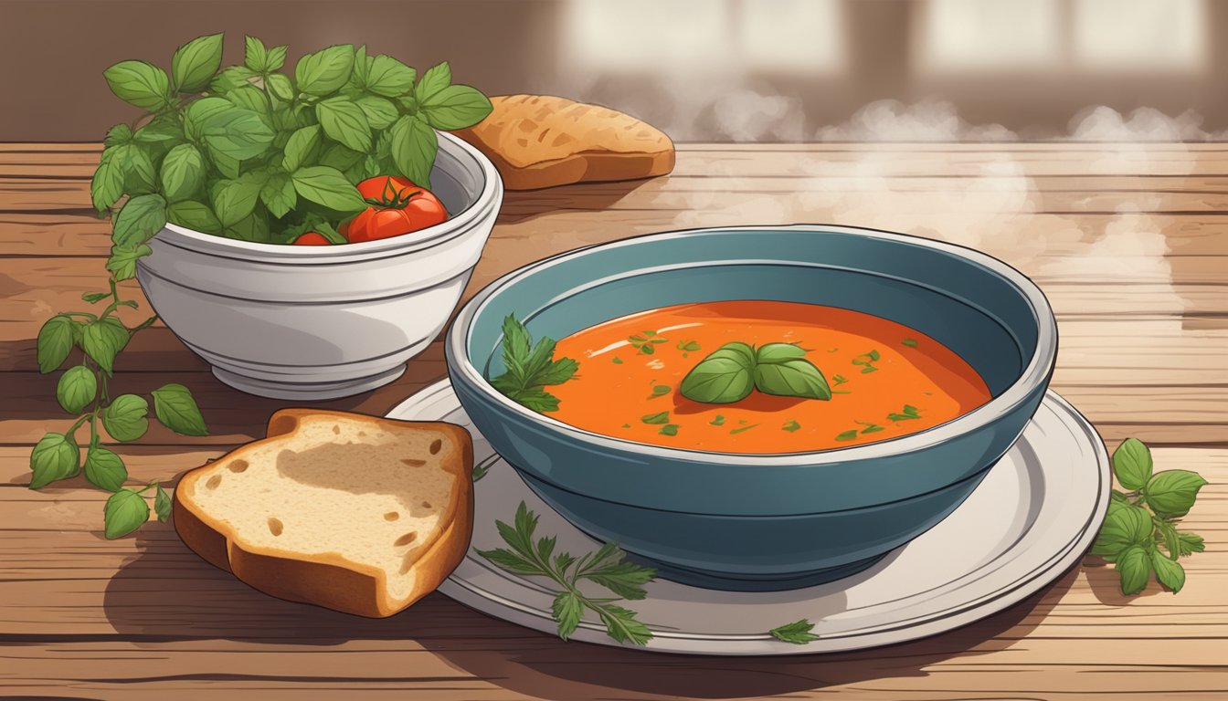 A steaming bowl of tomato soup surrounded by fresh herbs and a slice of crusty bread on a rustic wooden table