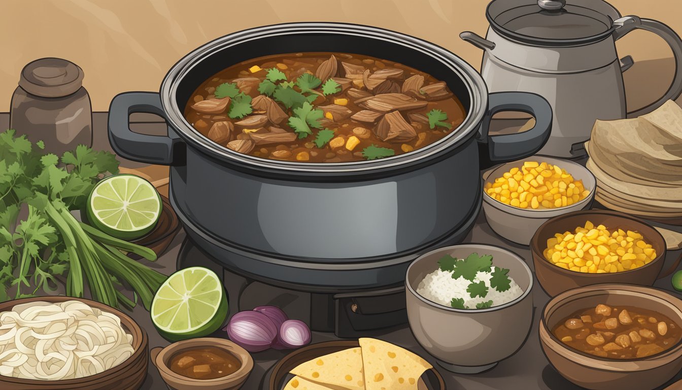 A steaming pot of birria stew simmers on a stovetop, surrounded by bowls of diced onions, cilantro, and lime wedges. Corn tortillas sit nearby, ready to be dipped in the rich, flavorful broth