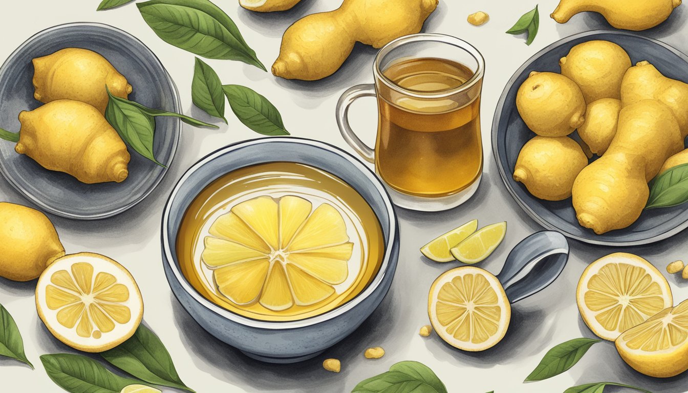 Steaming ginger tea surrounded by sliced lemons, honey, and a bowl of fresh ginger root