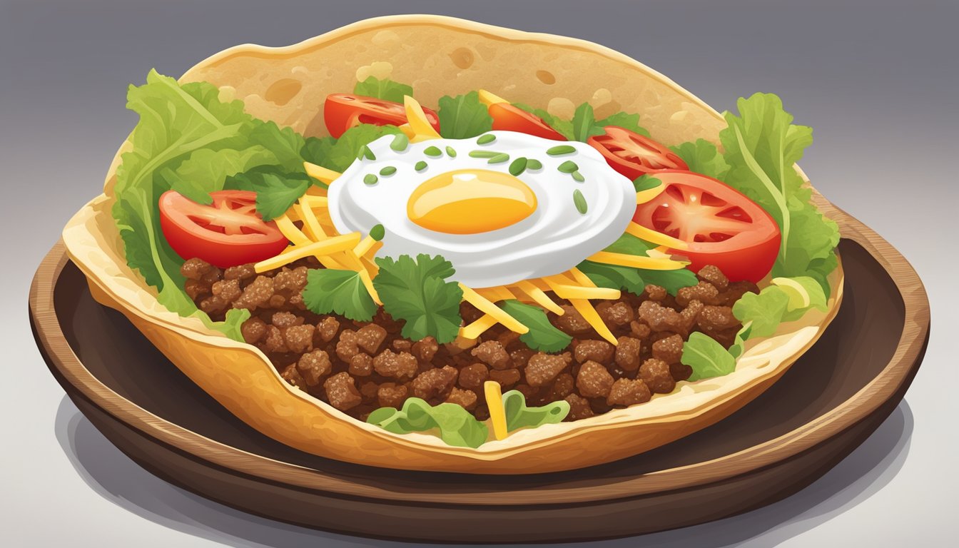 A colorful array of fresh lettuce, tomatoes, beans, cheese, and seasoned ground beef arranged in a crispy tortilla bowl, topped with a dollop of sour cream and a sprinkle of cilantro