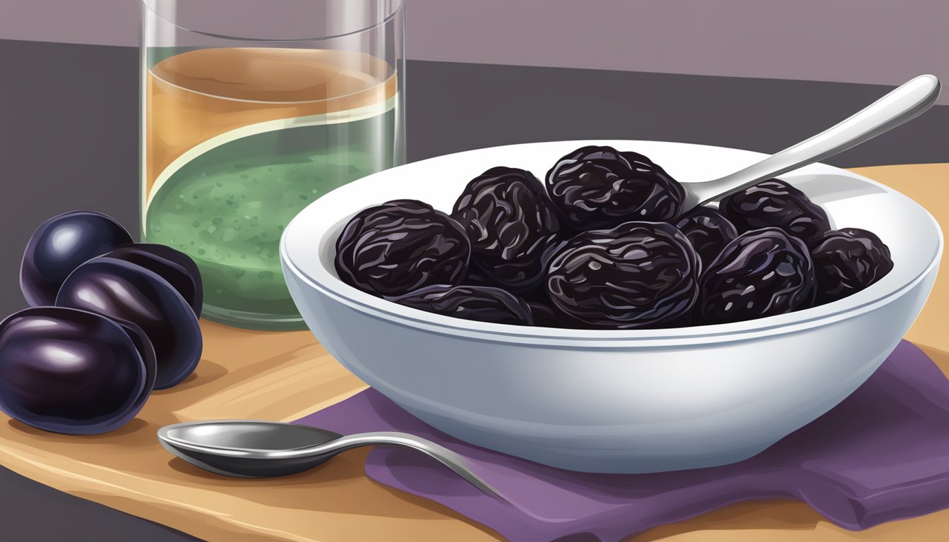 A bowl of pureed prunes next to a spoon and a high chair