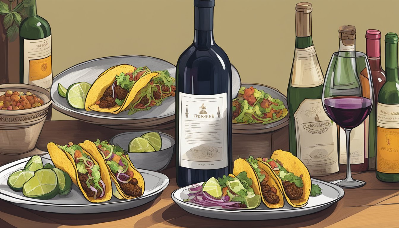 A table set with an array of tacos and various wine bottles, with a sommelier's guidebook open to a page on wine and taco pairings