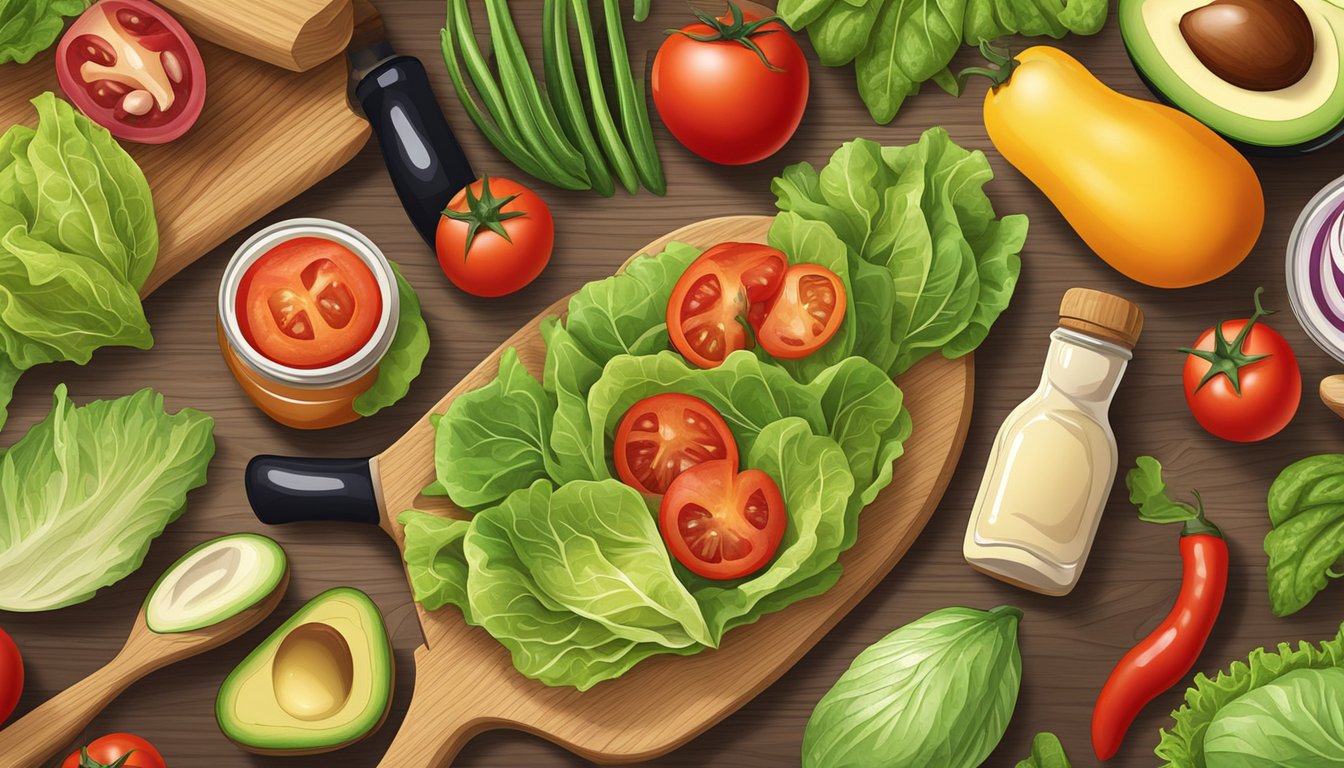 A colorful array of fresh lettuce, tomatoes, avocados, peppers, and beans arranged on a wooden cutting board, with a bottle of dressing nearby