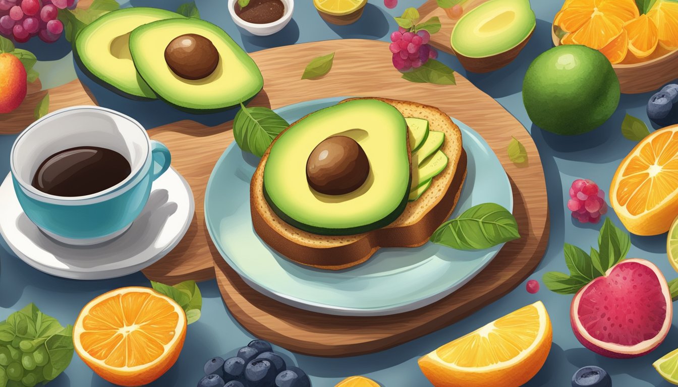 A vibrant breakfast scene with a sliced avocado on toasted bread, surrounded by colorful fruits and a steaming cup of coffee