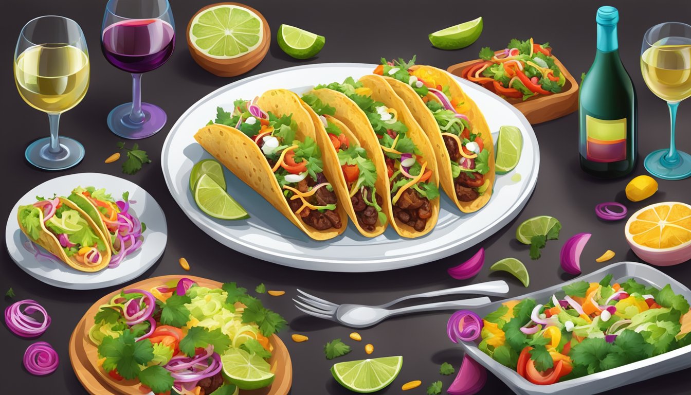 A table set with a variety of tacos and wine glasses, with colorful ingredients and vibrant garnishes