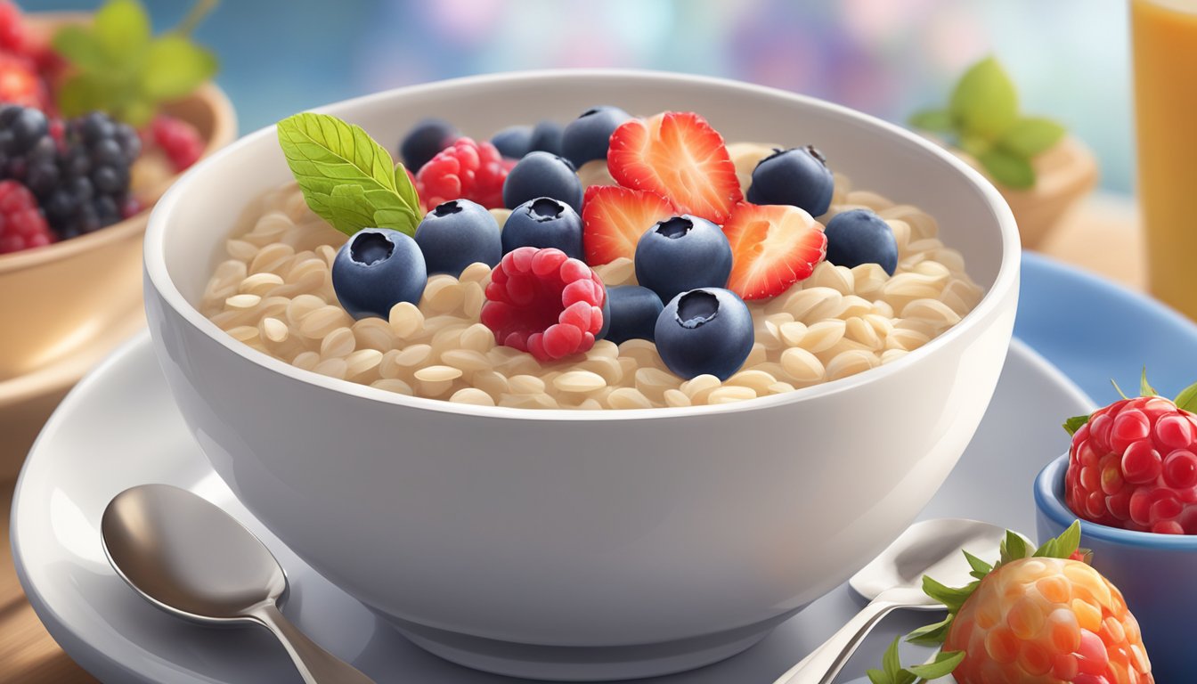 A steaming bowl of oatmeal topped with a colorful array of fresh berries, surrounded by a bright and inviting breakfast setting