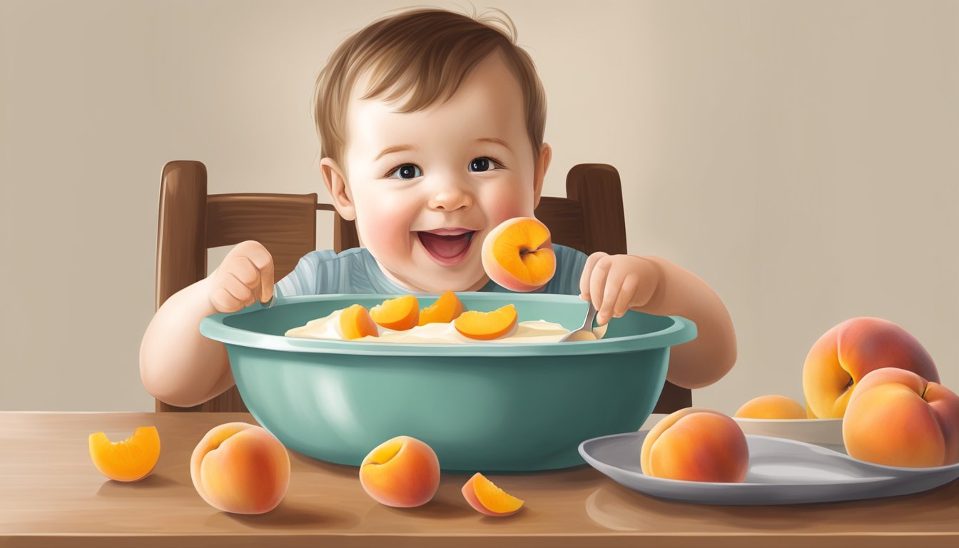 A bowl of peeled peaches on a high chair tray, with a spoon nearby and a happy toddler reaching for them