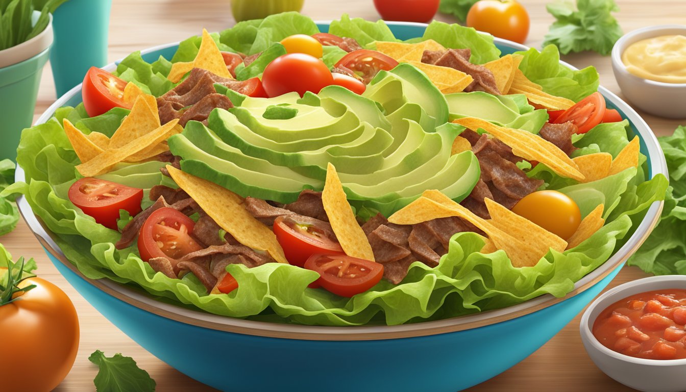 A vibrant array of fresh lettuce, juicy tomatoes, crunchy tortilla strips, creamy avocado, zesty salsa, and savory seasoned meat piled high in a colorful bowl