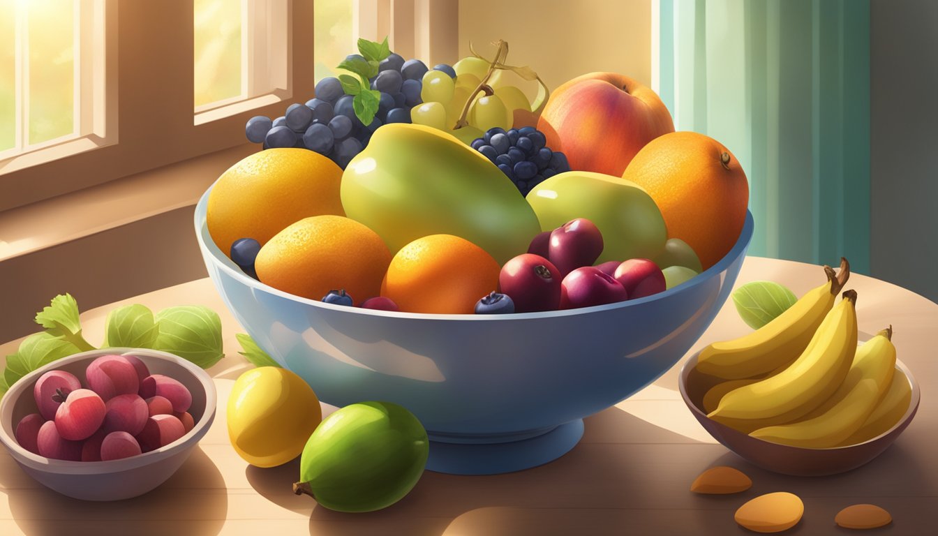 A bowl of almonds surrounded by vibrant fruits and vegetables, with rays of sunlight streaming in through a window