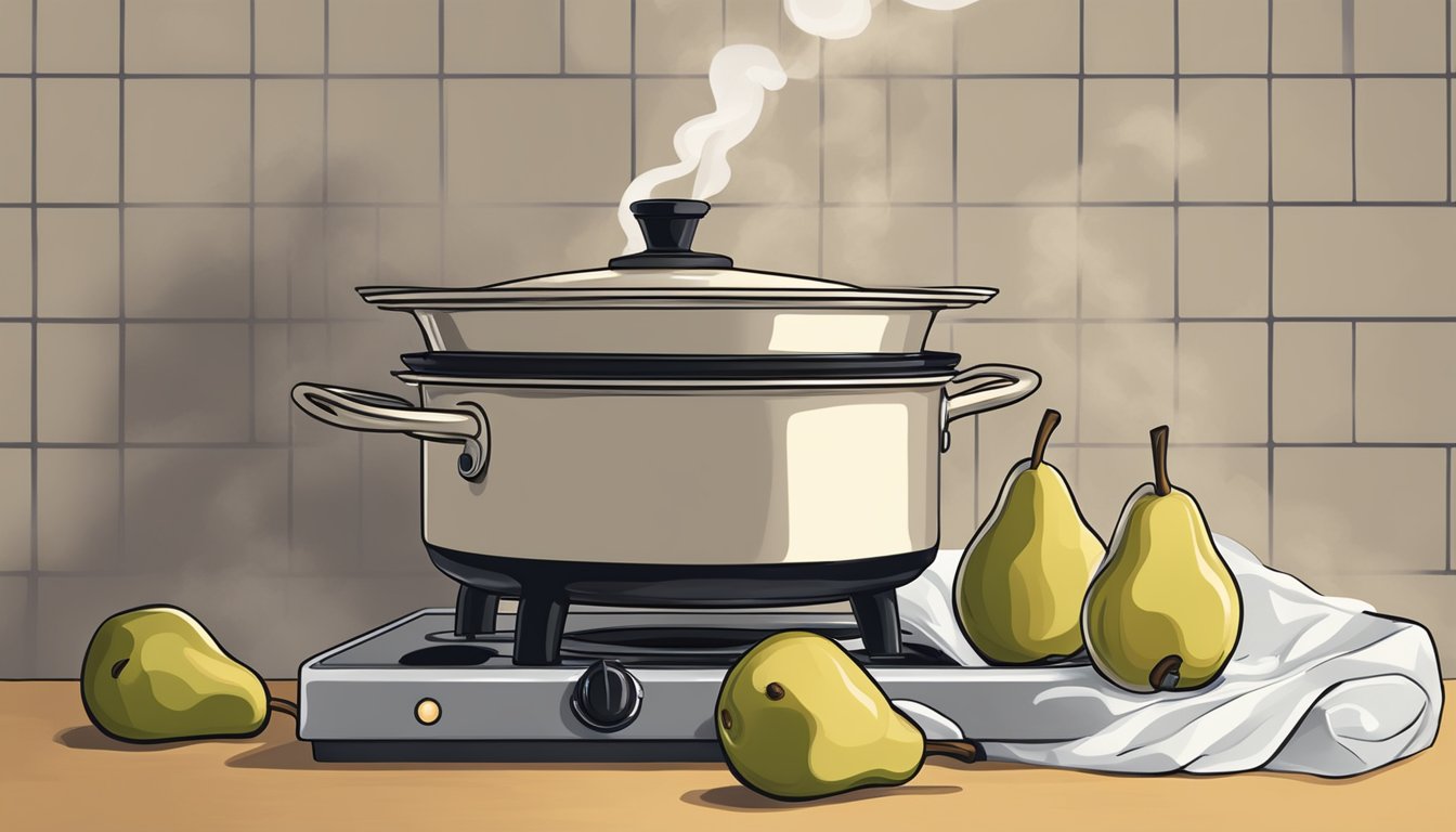 A pot of pears simmering on a stove, steam rising, with a gentle, soothing atmosphere