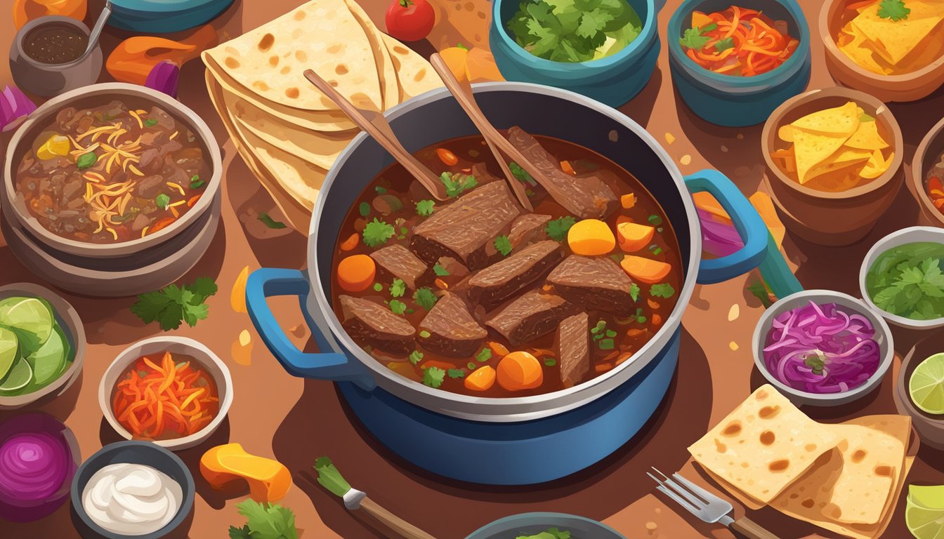 A steaming pot of birria stew surrounded by colorful ingredients and tortillas, with a pair of tongs lifting a tender piece of meat