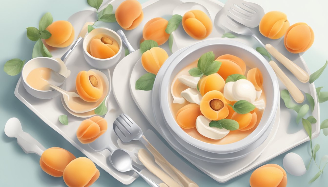 A bowl of stewed apricots surrounded by soft, pastel-colored baby utensils on a clean, white highchair tray