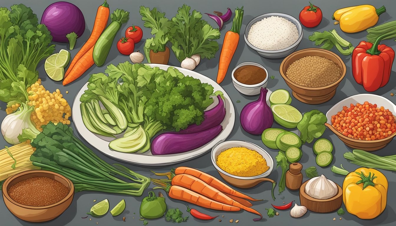 A colorful array of fresh vegetables, savory meats, and zesty spices laid out on a kitchen counter, ready to be assembled into the perfect taco salad