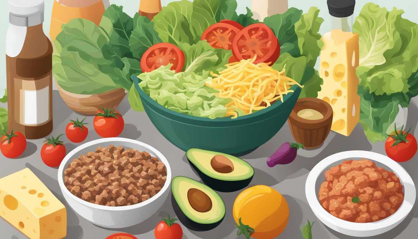 A colorful array of fresh ingredients arranged around a bowl, including lettuce, tomatoes, avocado, cheese, and ground meat, with a bottle of dressing nearby