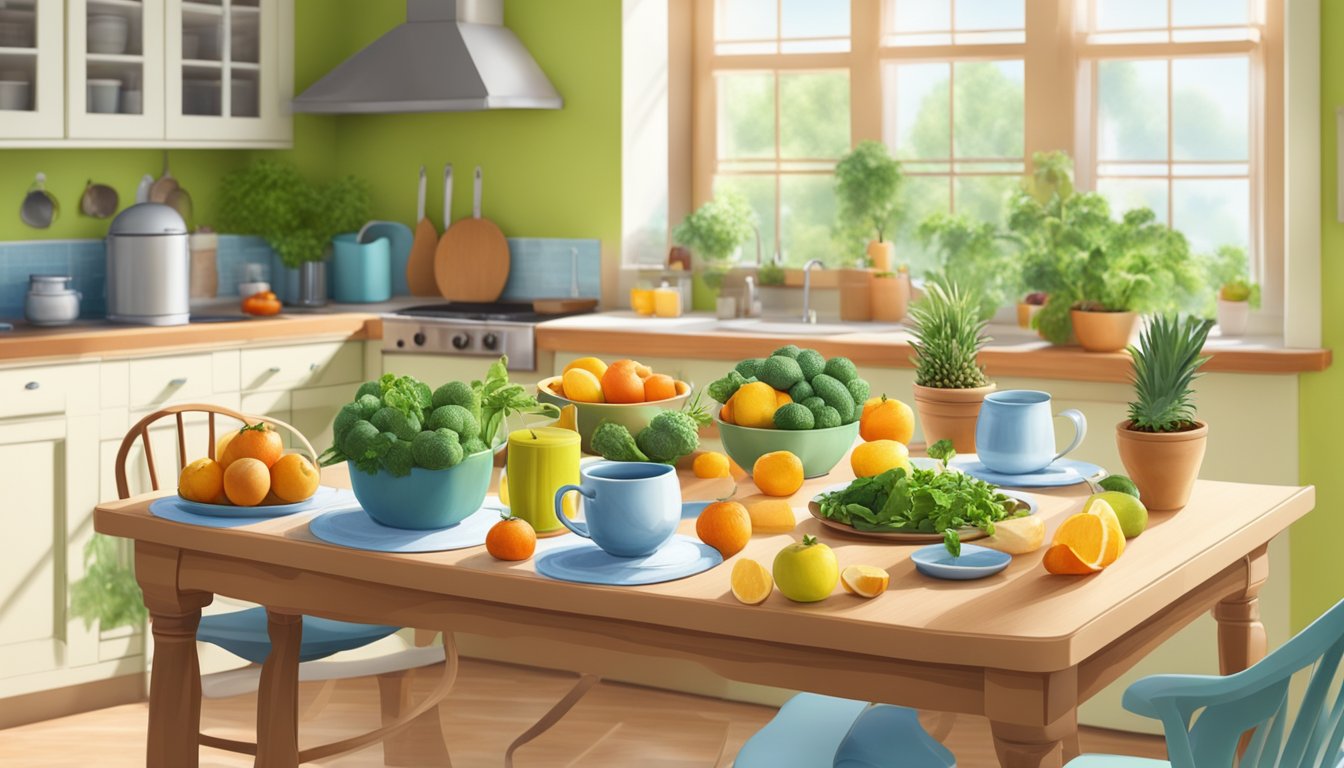 A table set with colorful fruits, vegetables, and herbal teas, surrounded by a bright, airy kitchen