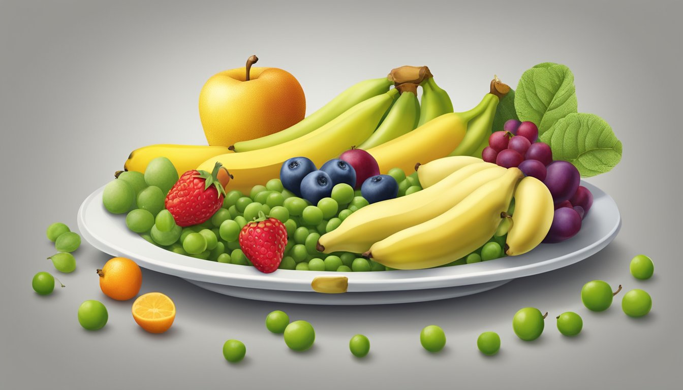 A colorful array of soft fruits and vegetables, such as bananas, pears, and peas, arranged on a child-sized plate